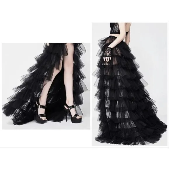 🖤 NEW Goth Layered Tulle Mesh Petticoat Train Wrap Hi-Lo Black Open Skirt