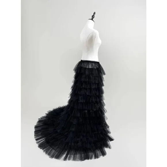 🖤 NEW Goth Layered Tulle Mesh Petticoat Train Wrap Hi-Lo Black Open Skirt