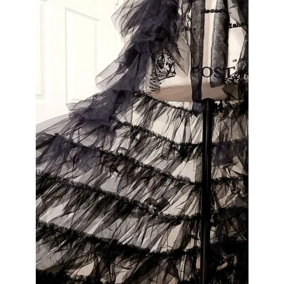 🖤 NEW Goth Layered Tulle Mesh Petticoat Train Wrap Hi-Lo Black Open Skirt
