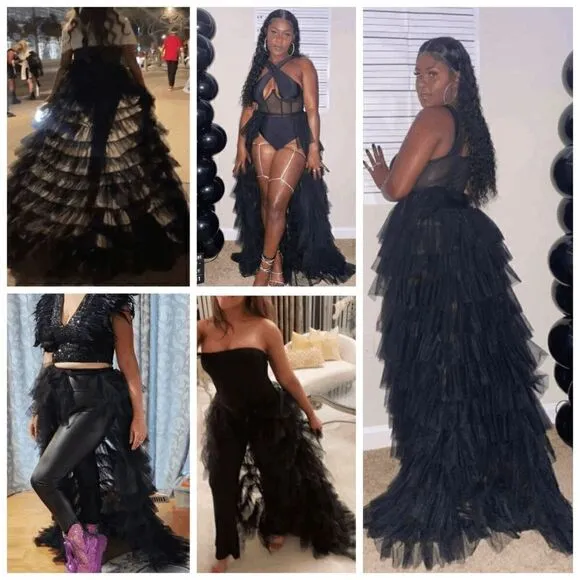 🖤 NEW Goth Layered Tulle Mesh Petticoat Train Wrap Hi-Lo Black Open Skirt