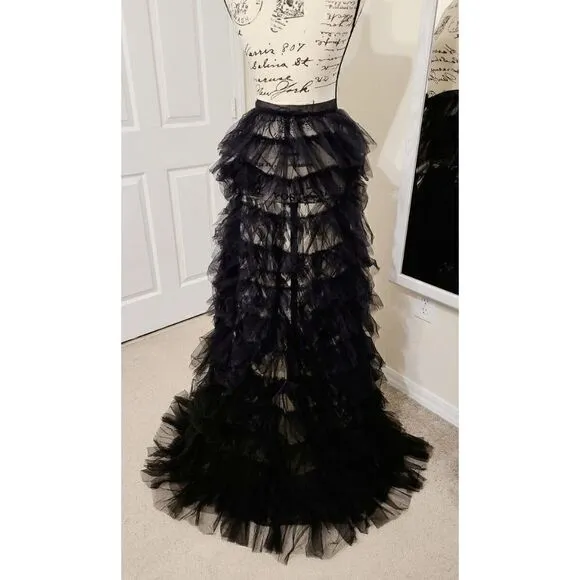 🖤 NEW Goth Layered Tulle Mesh Petticoat Train Wrap Hi-Lo Black Open Skirt