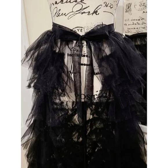 🖤 NEW Goth Layered Tulle Mesh Petticoat Train Wrap Hi-Lo Black Open Skirt