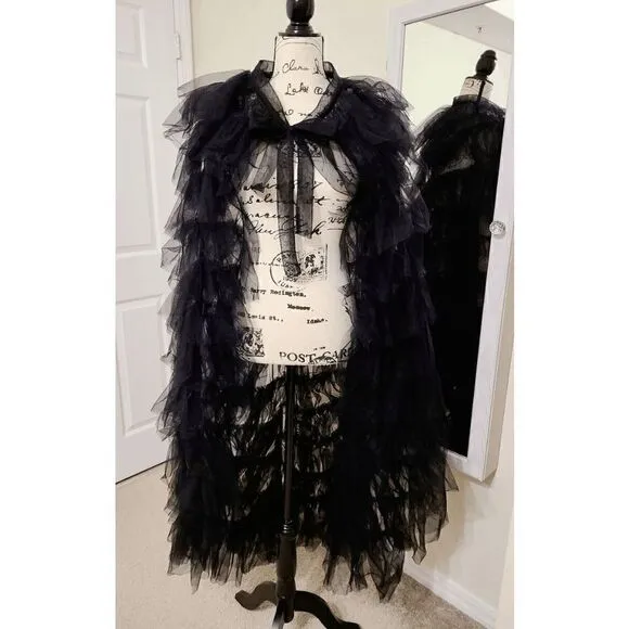 🖤 NEW Goth Layered Tulle Mesh Petticoat Train Wrap Hi-Lo Black Open Skirt