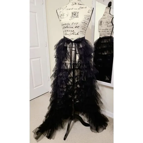 🖤 NEW Goth Layered Tulle Mesh Petticoat Train Wrap Hi-Lo Black Open Skirt