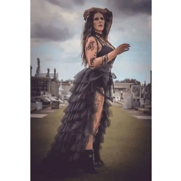 🖤 NEW Goth Layered Tulle Mesh Petticoat Train Wrap Hi-Lo Black Open Skirt