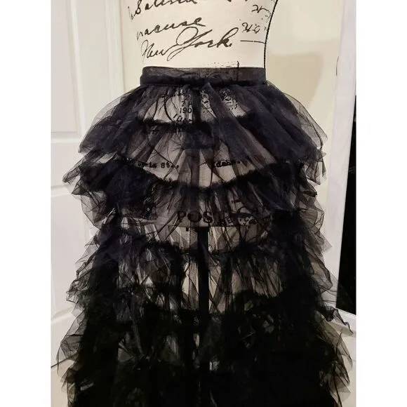 🖤 NEW Goth Layered Tulle Mesh Petticoat Train Wrap Hi-Lo Black Open Skirt