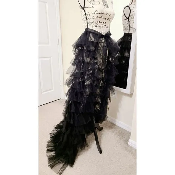 🖤 NEW Goth Layered Tulle Mesh Petticoat Train Wrap Hi-Lo Black Open Skirt