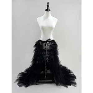 🖤 NEW Goth Layered Tulle Mesh Petticoat Train Wrap Hi-Lo Black Open Skirt