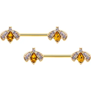 14 Gauge 9/16 Yellow Gem Gold Tone Fashion Bug Barbell Nipple Ring Set