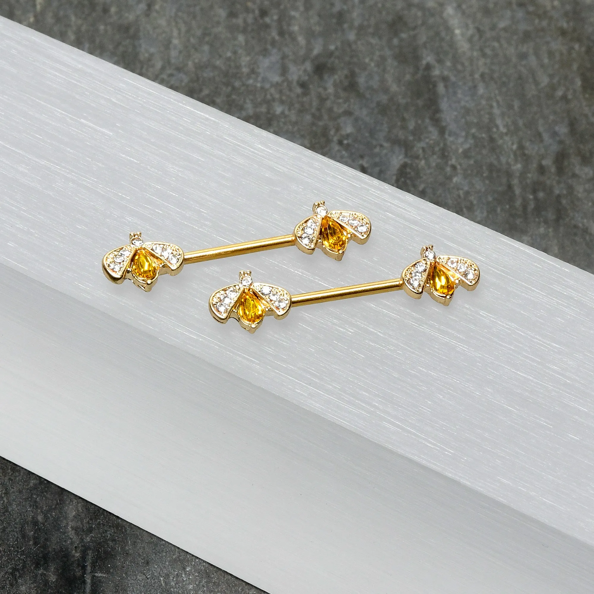 14 Gauge 9/16 Yellow Gem Gold Tone Fashion Bug Barbell Nipple Ring Set