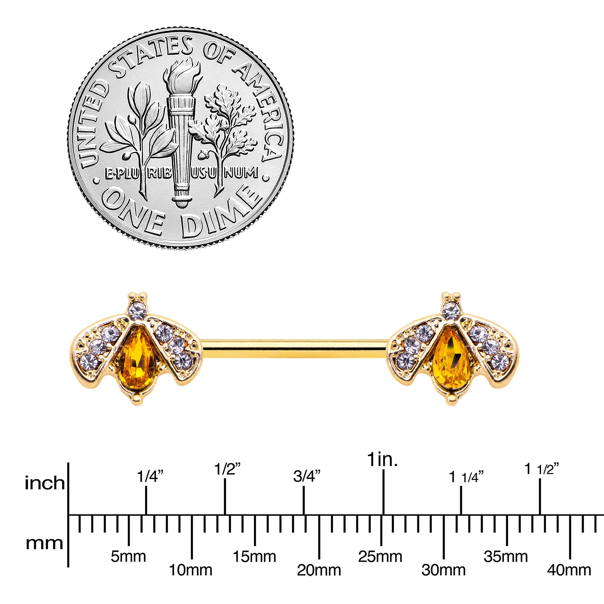 14 Gauge 9/16 Yellow Gem Gold Tone Fashion Bug Barbell Nipple Ring Set