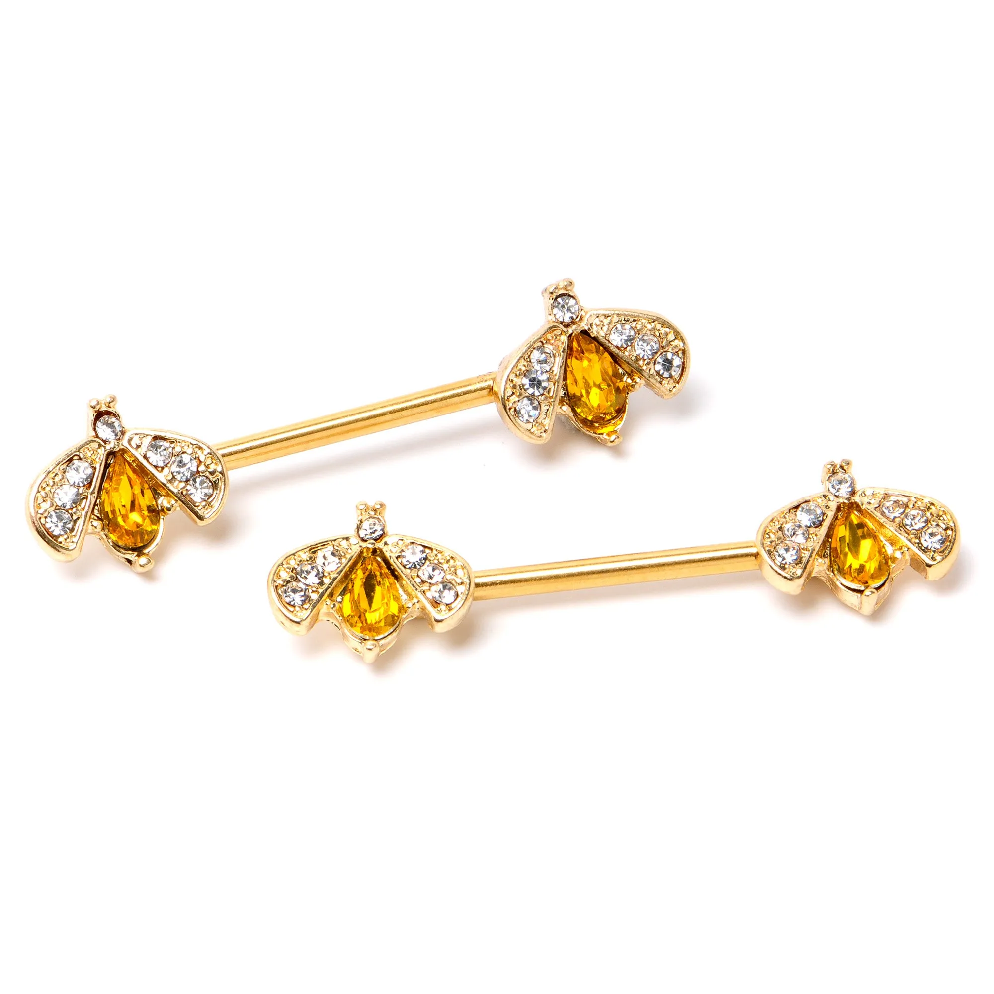 14 Gauge 9/16 Yellow Gem Gold Tone Fashion Bug Barbell Nipple Ring Set