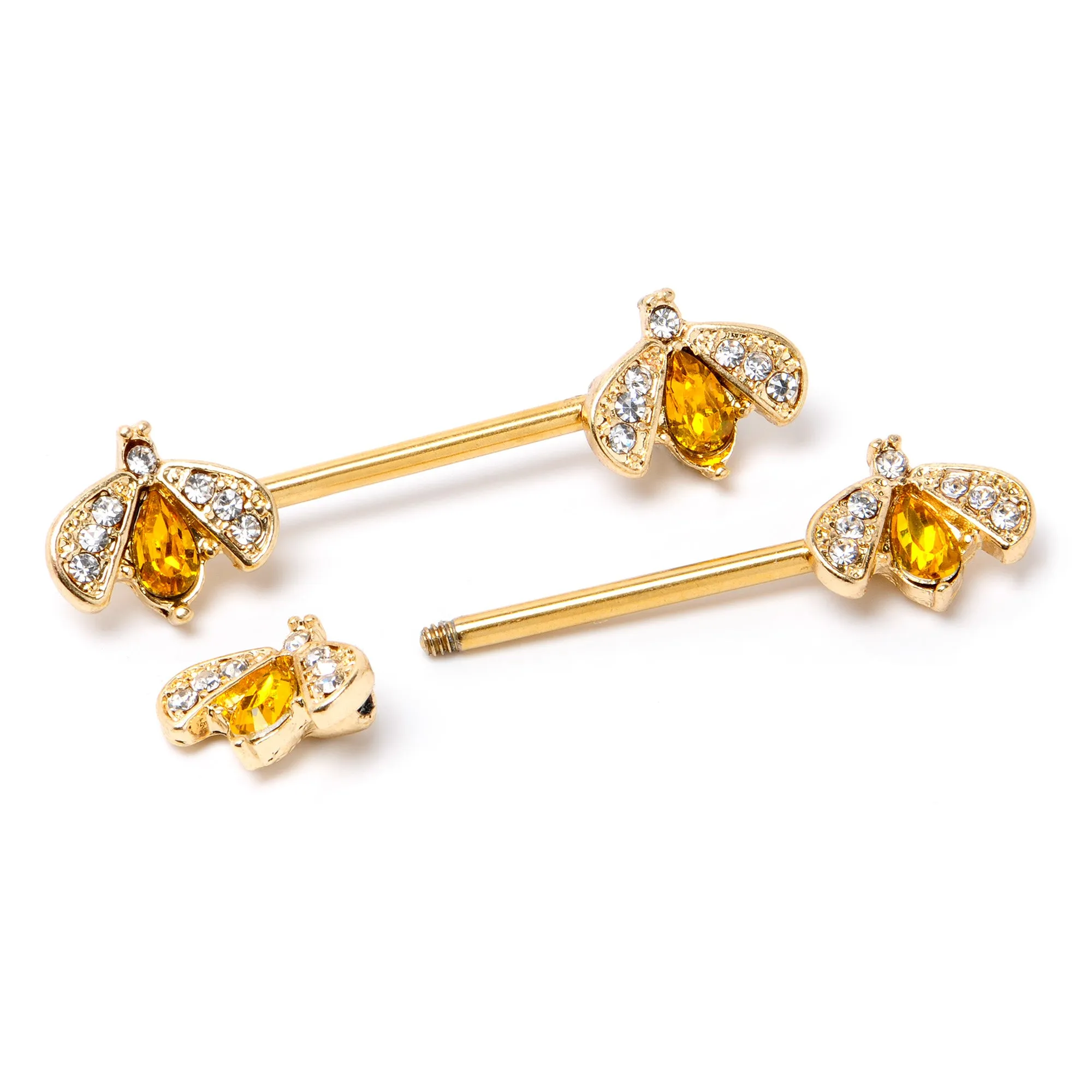 14 Gauge 9/16 Yellow Gem Gold Tone Fashion Bug Barbell Nipple Ring Set