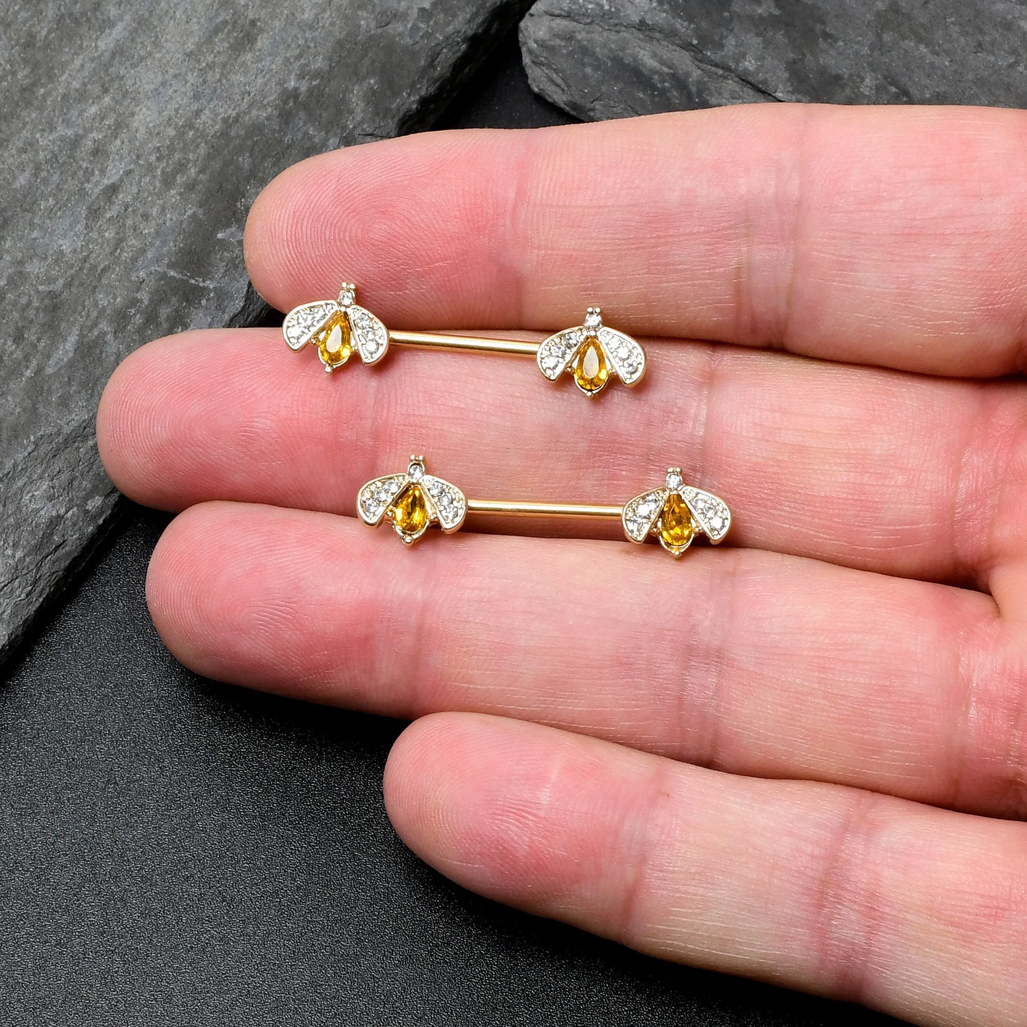 14 Gauge 9/16 Yellow Gem Gold Tone Fashion Bug Barbell Nipple Ring Set