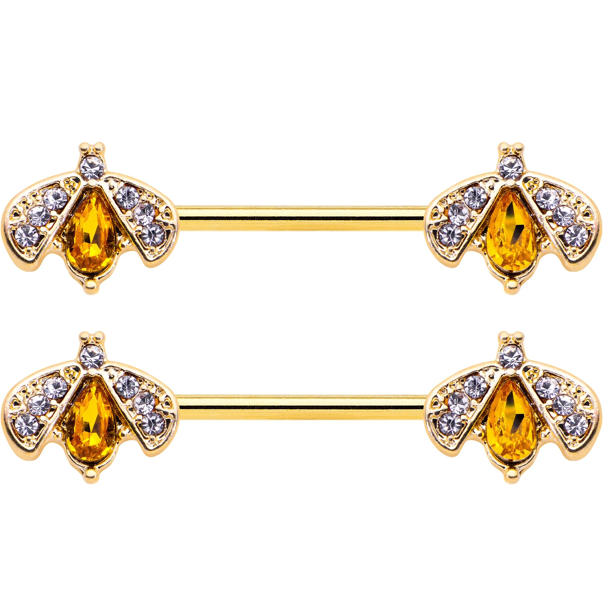 14 Gauge 9/16 Yellow Gem Gold Tone Fashion Bug Barbell Nipple Ring Set