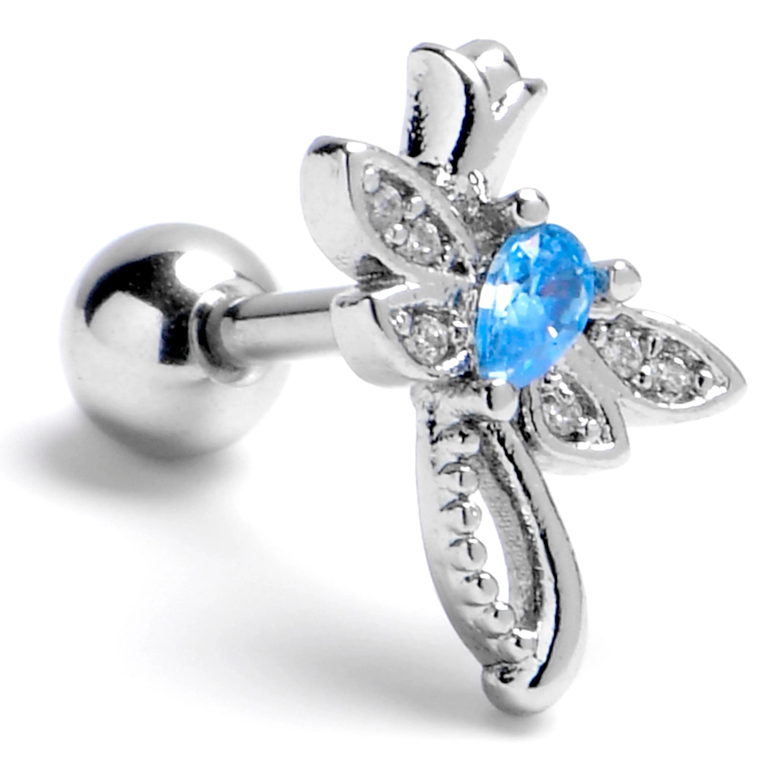 16 Gauge 1/4 Blue Gem Bold Dragonfly Cartilage Tragus Earring