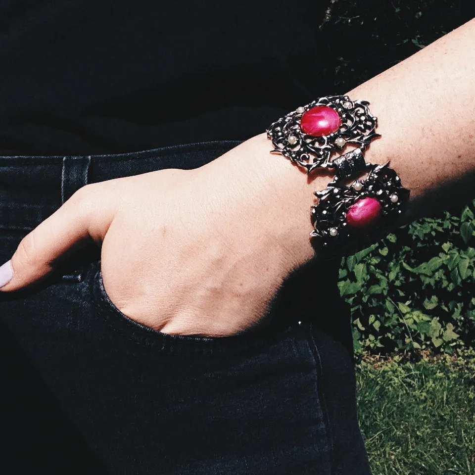 1950's Silver and Pink Lucite Victorian Gothic Bracelet