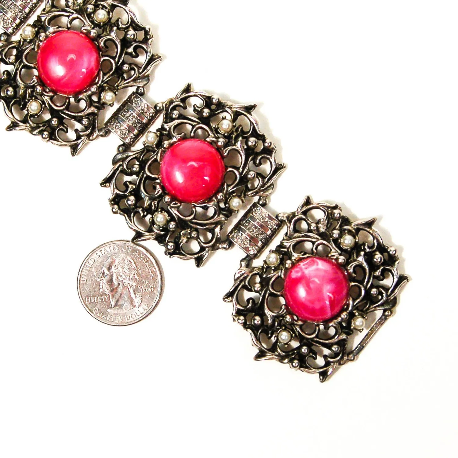 1950's Silver and Pink Lucite Victorian Gothic Bracelet