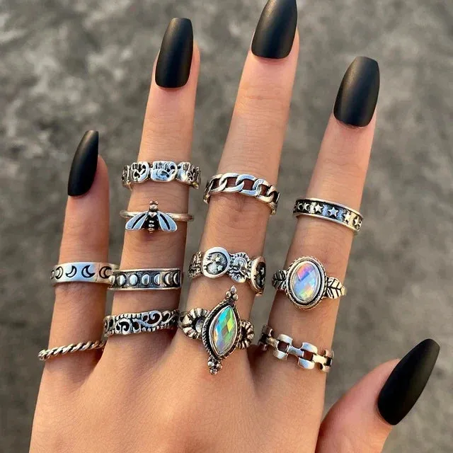 21pcs/set Punk Gothic Butterfly Snake Heart Rings Set For Women Men Vintage Silver Plated Geometric Finger Rings Party Jewelry