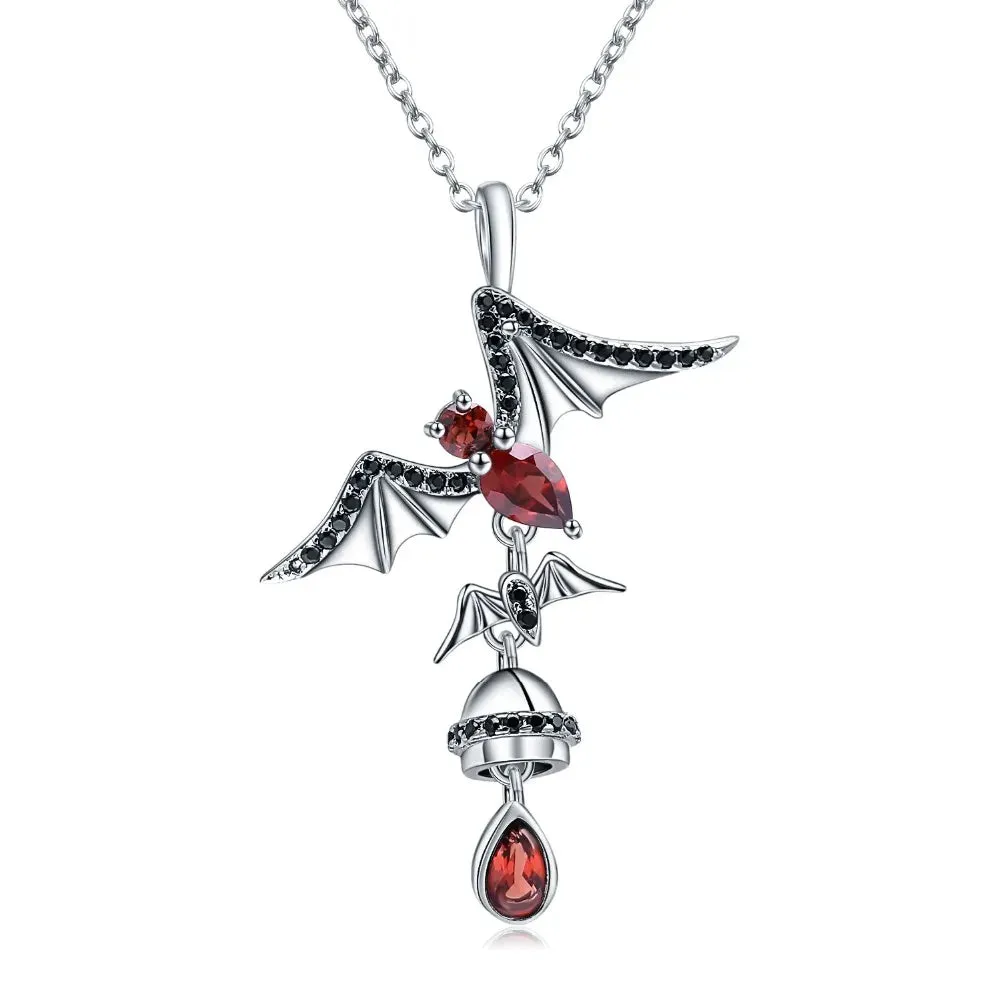 925 Sterling Silver Bat-Shaped Pendant with Natural Garnet