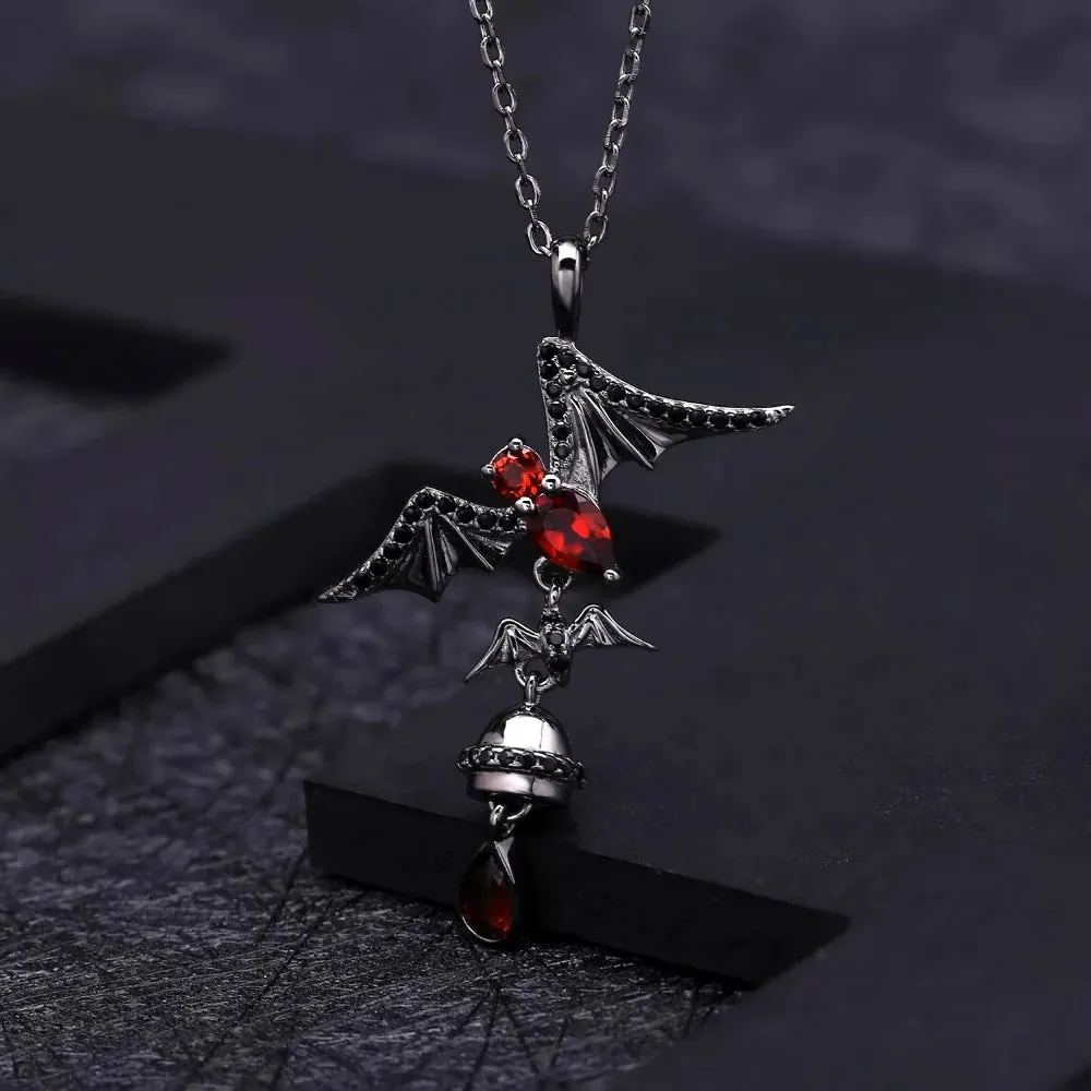 925 Sterling Silver Bat-Shaped Pendant with Natural Garnet