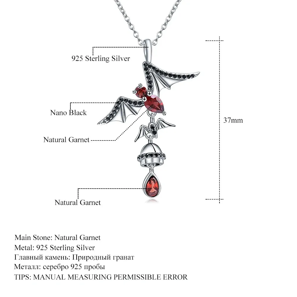 925 Sterling Silver Bat-Shaped Pendant with Natural Garnet