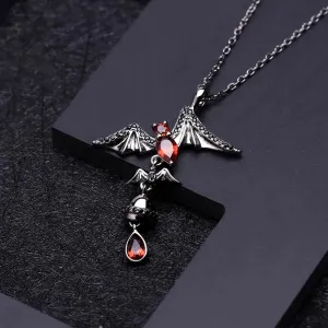 925 Sterling Silver Bat-Shaped Pendant with Natural Garnet