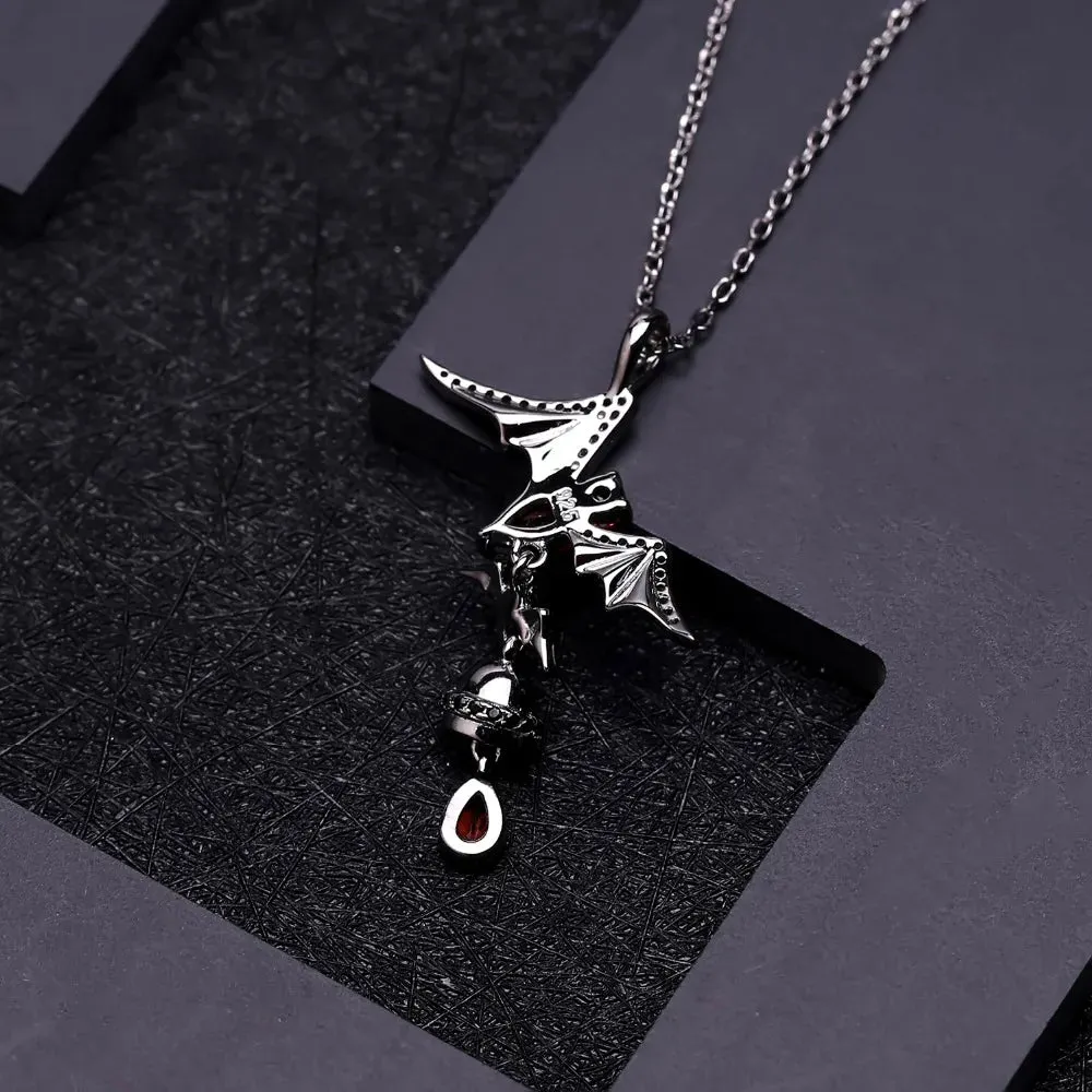 925 Sterling Silver Bat-Shaped Pendant with Natural Garnet