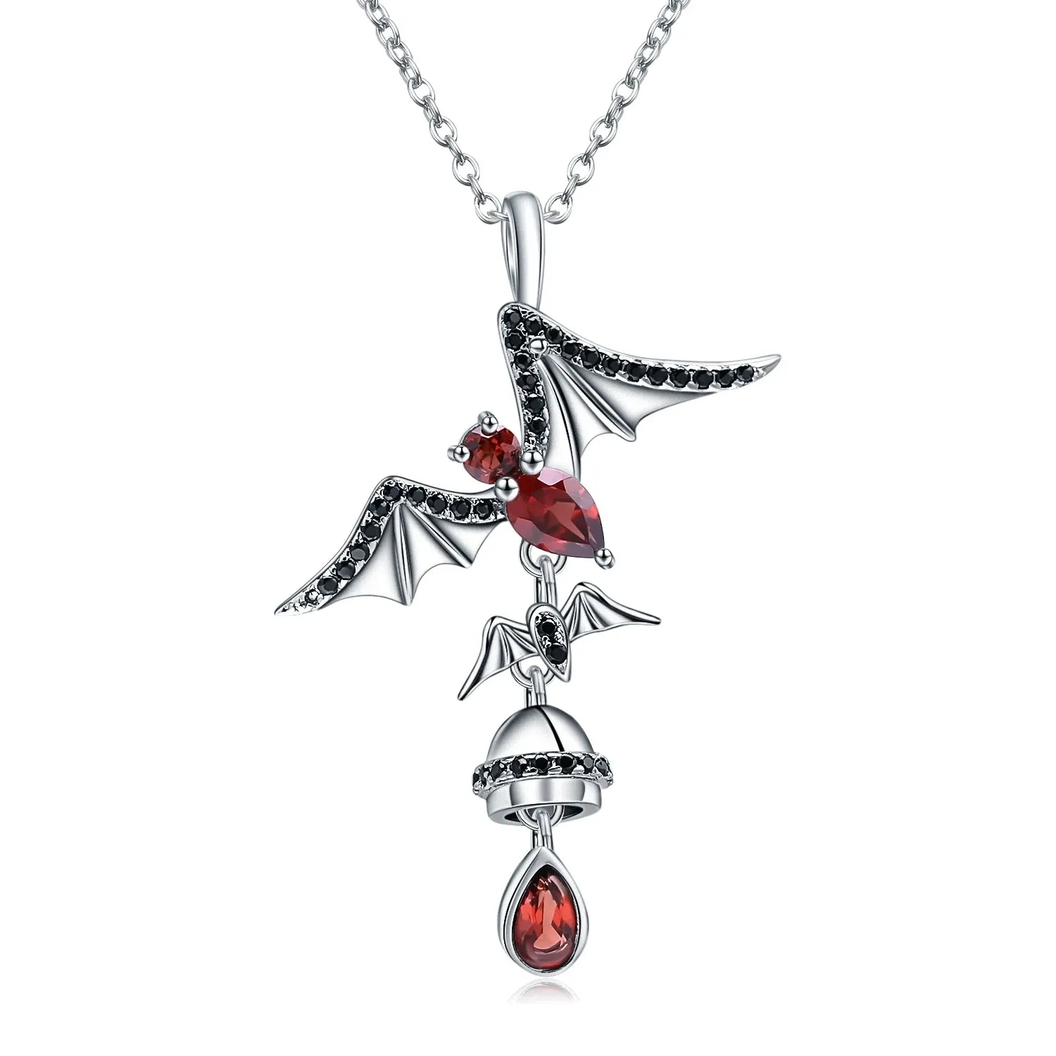 925 Sterling Silver Bat-Shaped Pendant with Natural Garnet