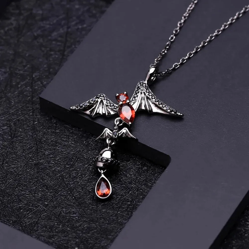 925 Sterling Silver Bat-Shaped Pendant with Natural Garnet