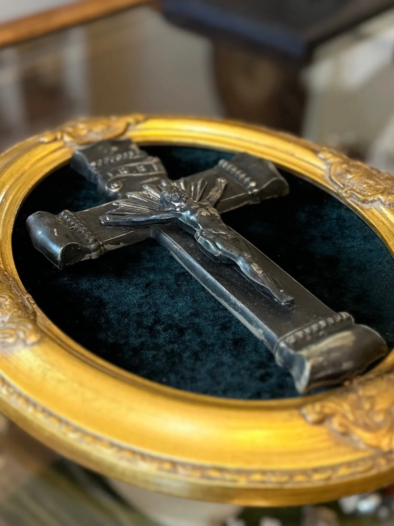 9.5" Vintage Heavy Metal Casket Crucifix Parsons WCH Co. Antique