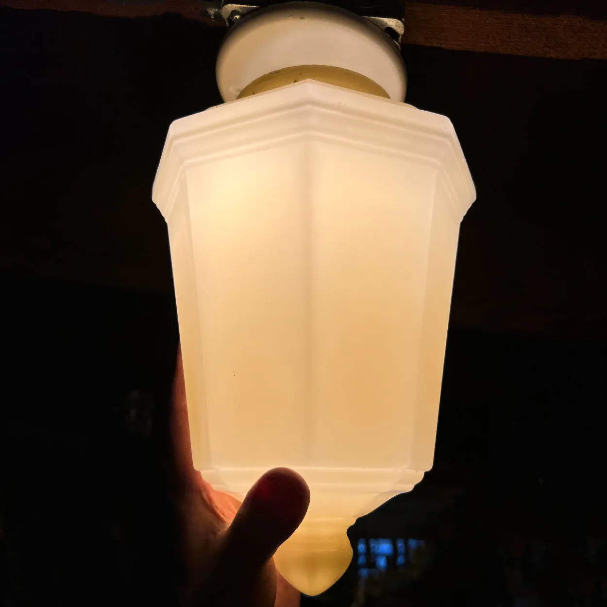 American Albert Sechrist Iron Mounted Opaline Custard Glass One-Light Pendant Light