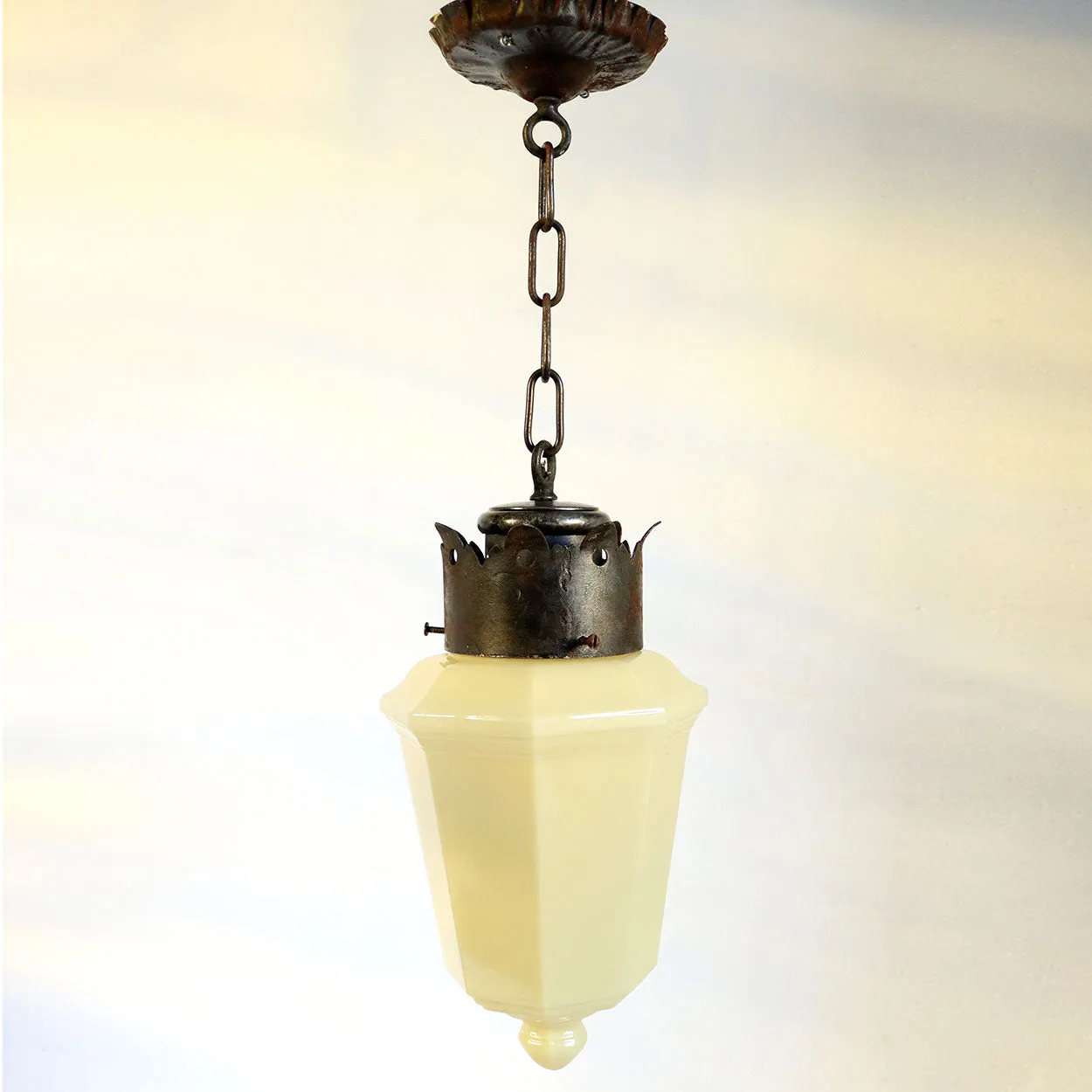 American Albert Sechrist Iron Mounted Opaline Custard Glass One-Light Pendant Light