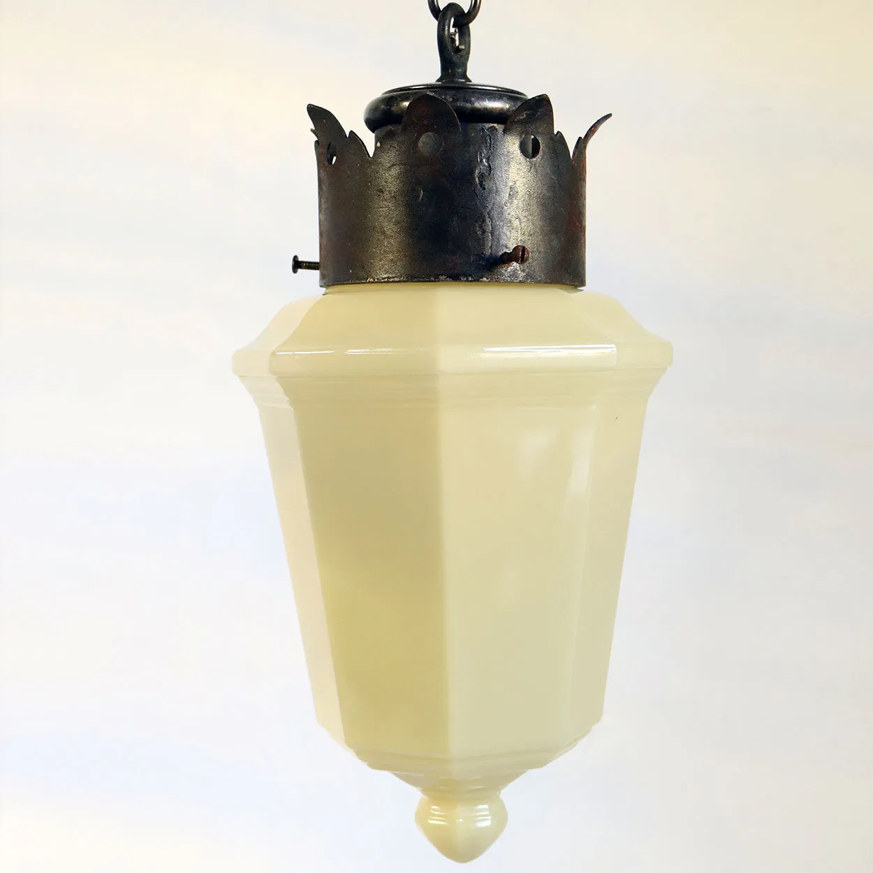 American Albert Sechrist Iron Mounted Opaline Custard Glass One-Light Pendant Light