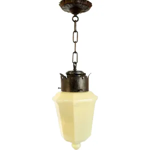 American Albert Sechrist Iron Mounted Opaline Custard Glass One-Light Pendant Light