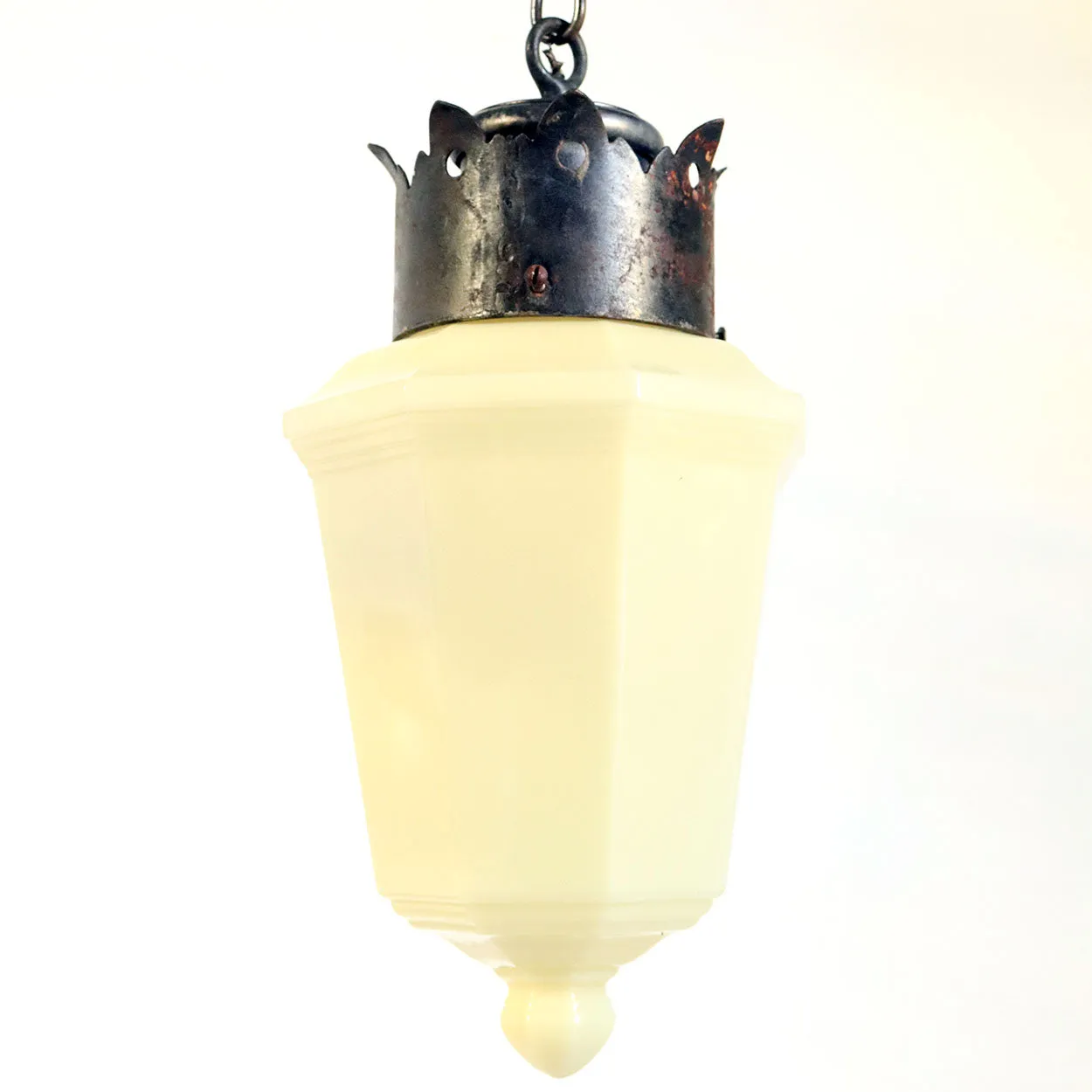 American Albert Sechrist Iron Mounted Opaline Custard Glass One-Light Pendant Light