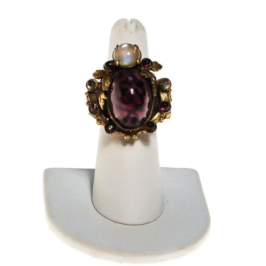 Amethyst Art Glass and Opal Glass Cabochon Statement Ring