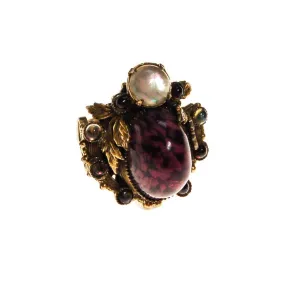 Amethyst Art Glass and Opal Glass Cabochon Statement Ring