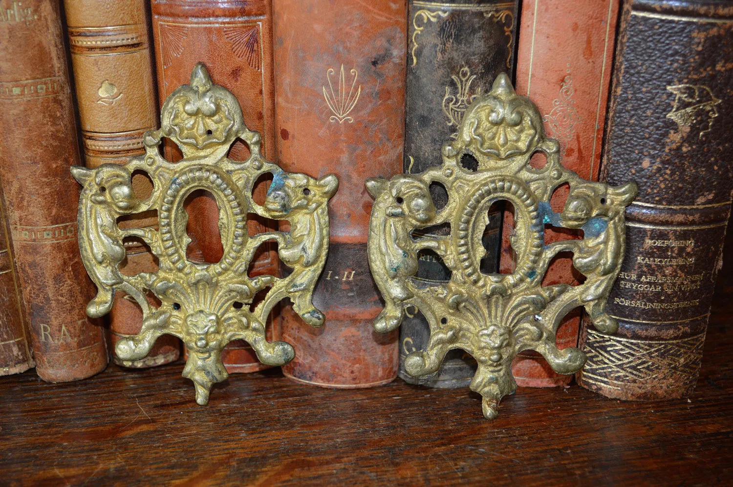 Antique Large French Bronze Mythological Fish Gargoyle Gothic Keyhole Escutcheon Hardware