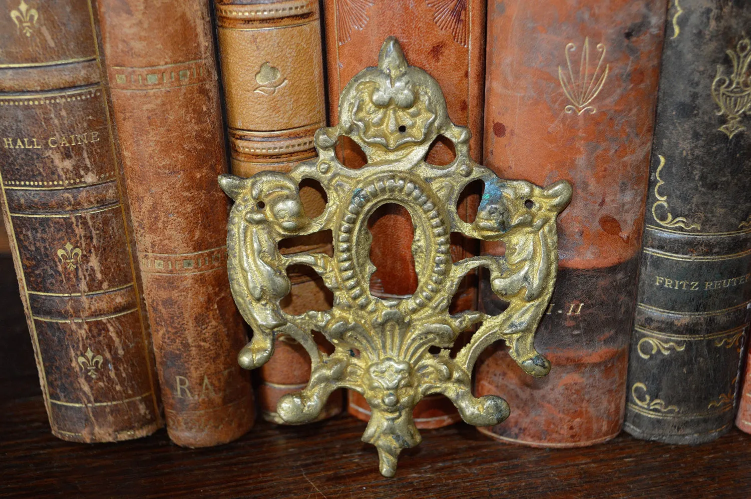 Antique Large French Bronze Mythological Fish Gargoyle Gothic Keyhole Escutcheon Hardware