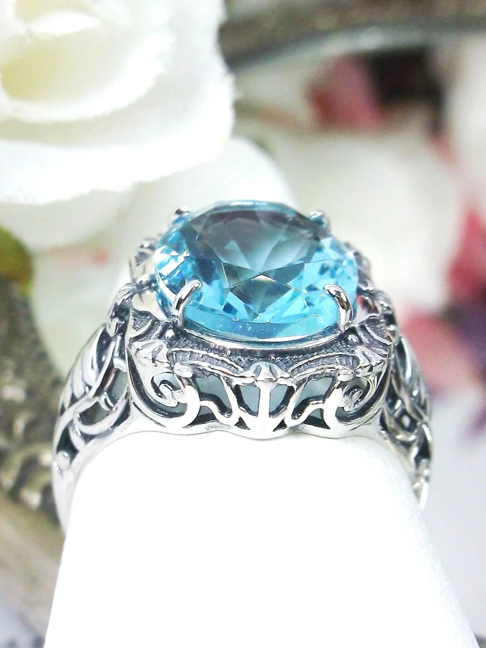 Aquamarine Ring, Size 7, Oval Art Nouveau Style, Vintage Sterling Silver Filigree Ring, Beauty Ring, D229- Ready to Ship