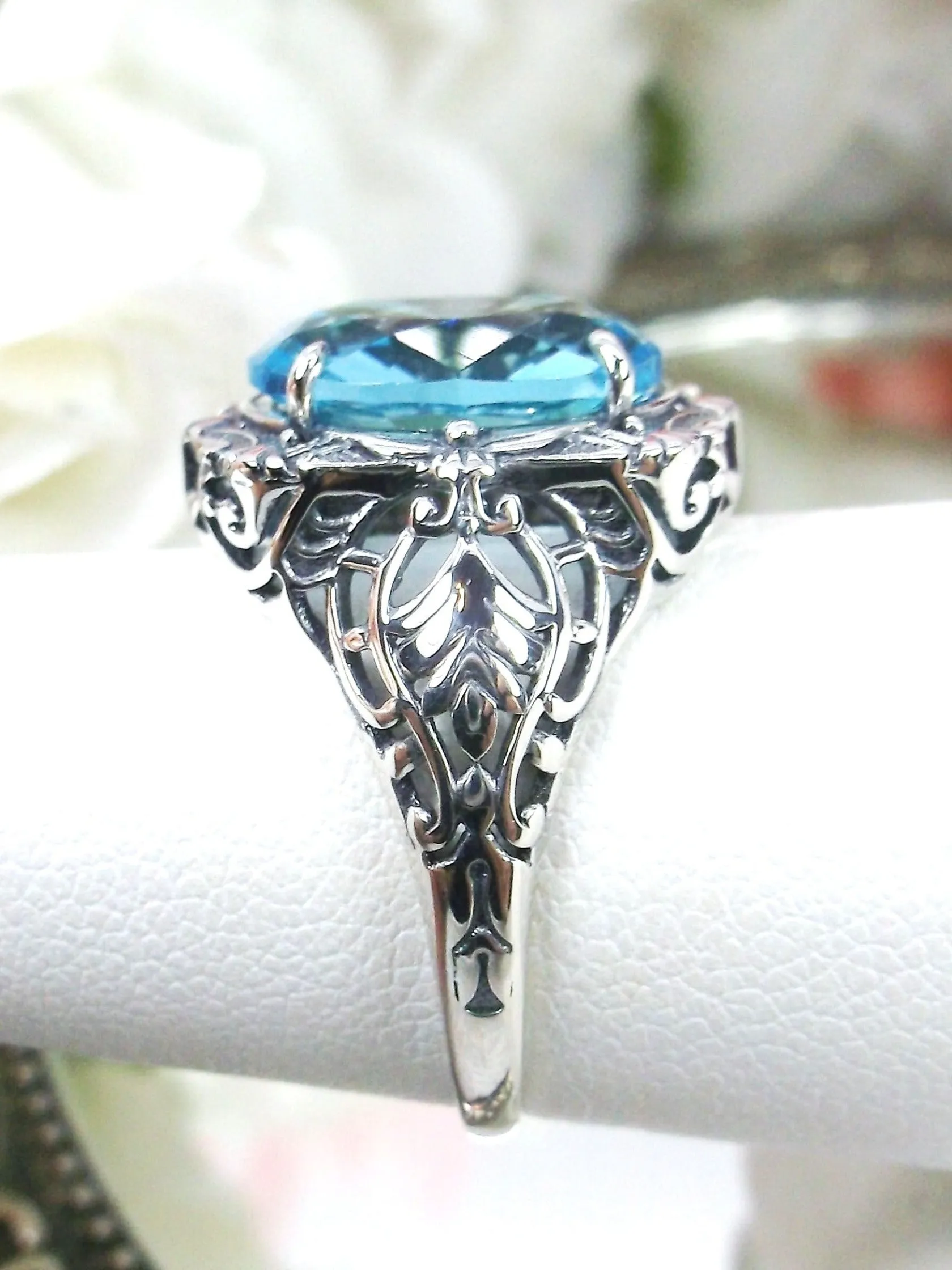 Aquamarine Ring, Size 7, Oval Art Nouveau Style, Vintage Sterling Silver Filigree Ring, Beauty Ring, D229- Ready to Ship