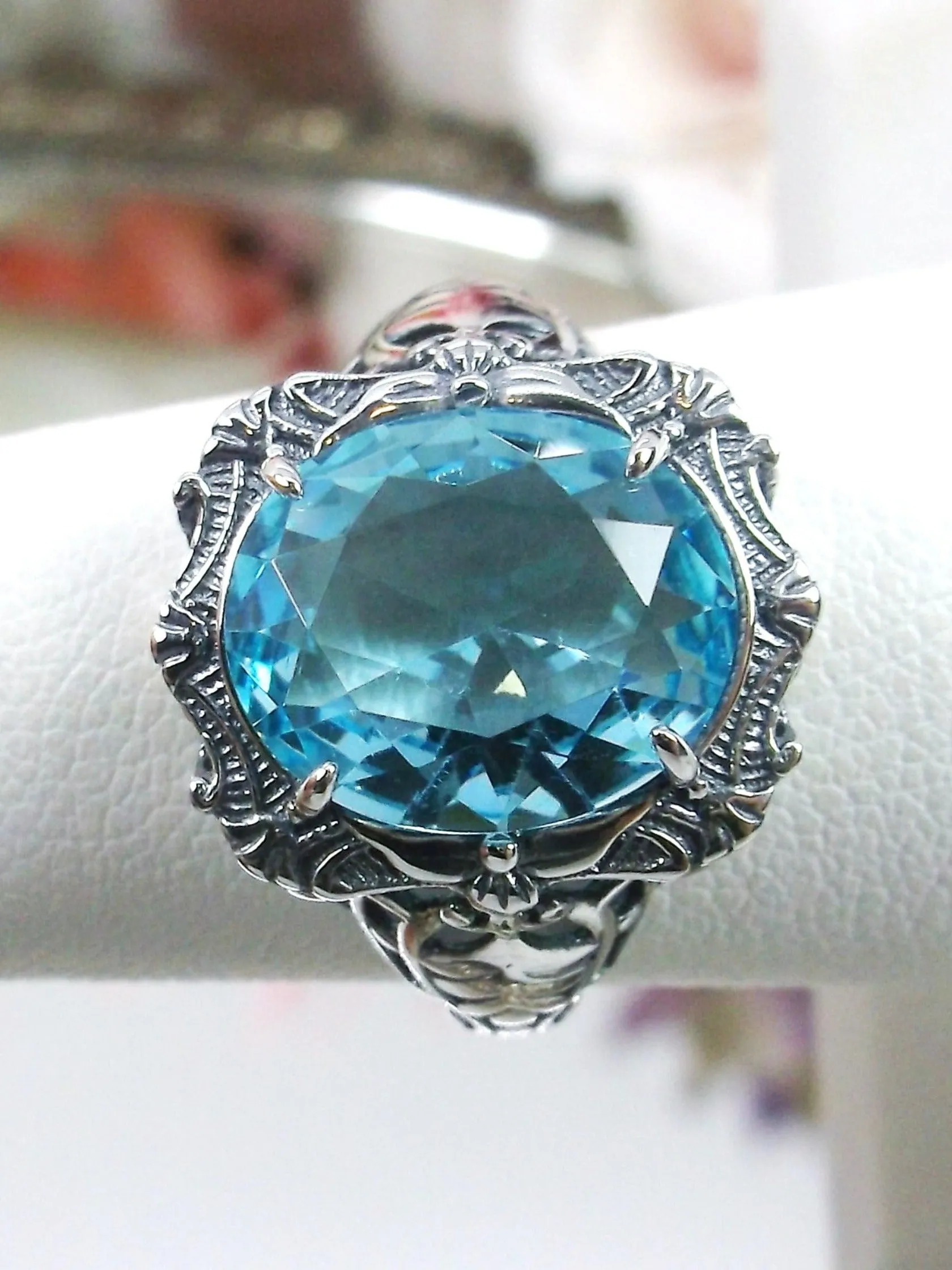 Aquamarine Ring, Size 7, Oval Art Nouveau Style, Vintage Sterling Silver Filigree Ring, Beauty Ring, D229- Ready to Ship