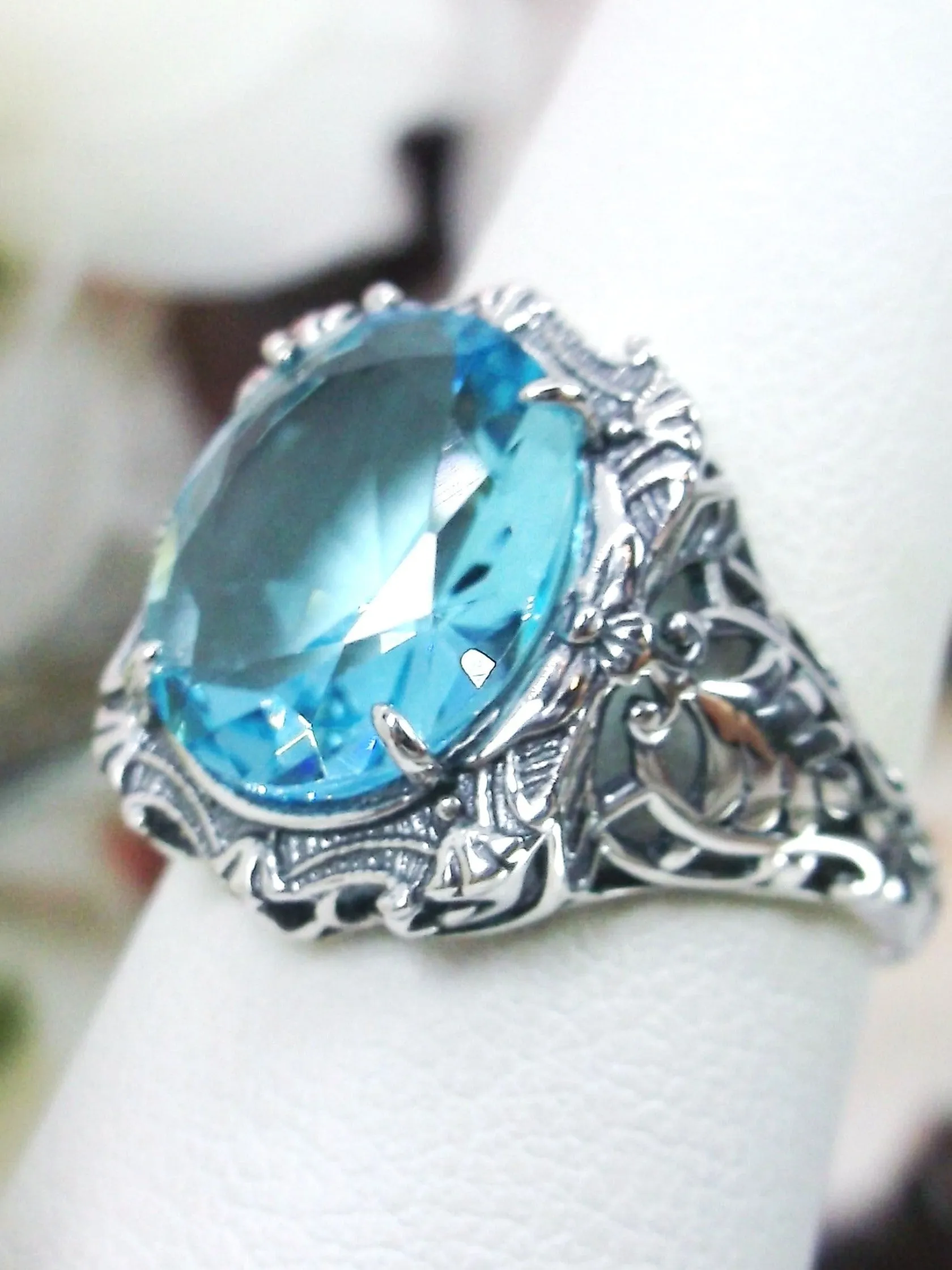 Aquamarine Ring, Size 7, Oval Art Nouveau Style, Vintage Sterling Silver Filigree Ring, Beauty Ring, D229- Ready to Ship