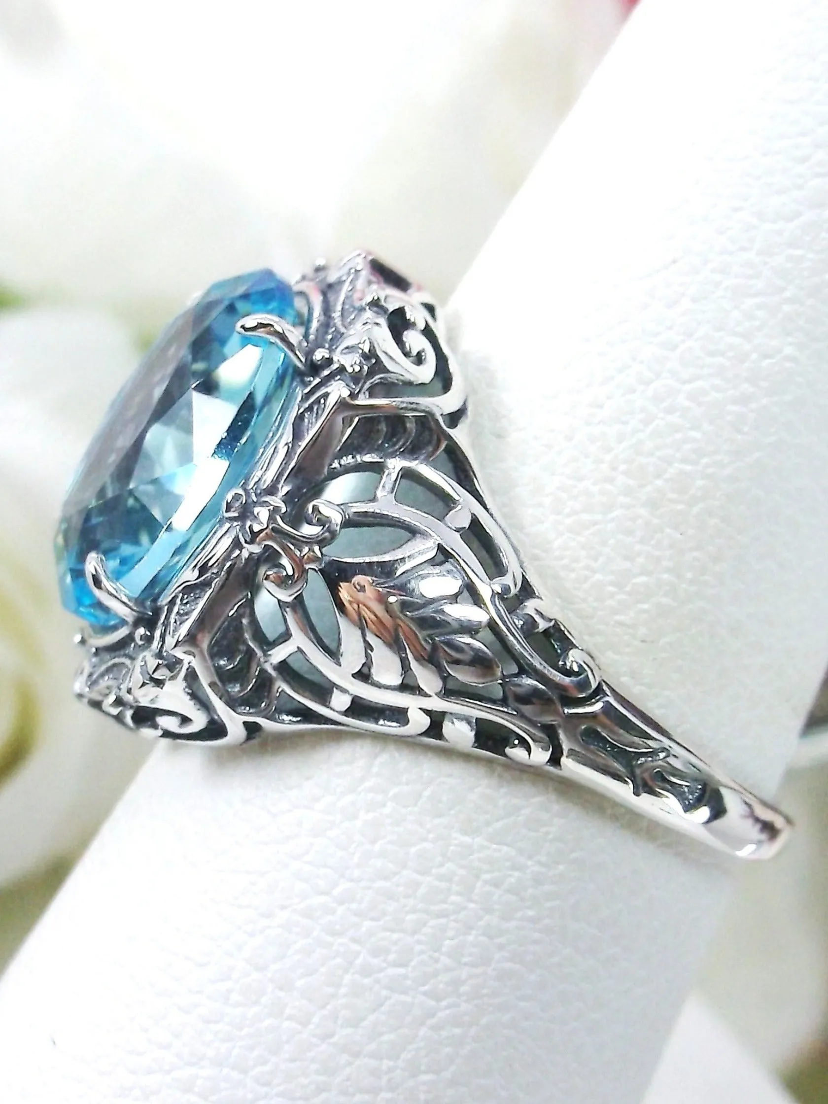 Aquamarine Ring, Size 7, Oval Art Nouveau Style, Vintage Sterling Silver Filigree Ring, Beauty Ring, D229- Ready to Ship