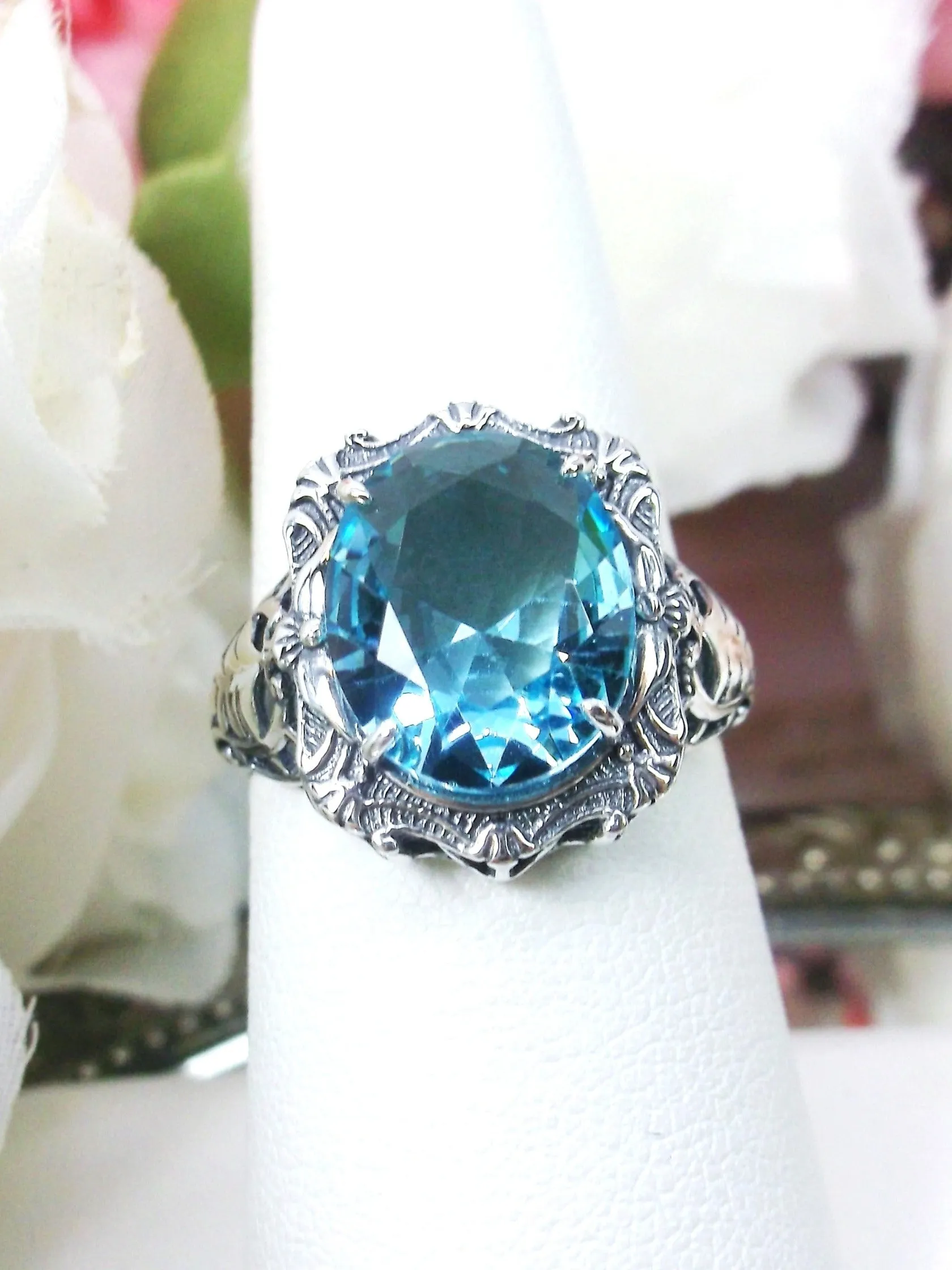 Aquamarine Ring, Size 7, Oval Art Nouveau Style, Vintage Sterling Silver Filigree Ring, Beauty Ring, D229- Ready to Ship