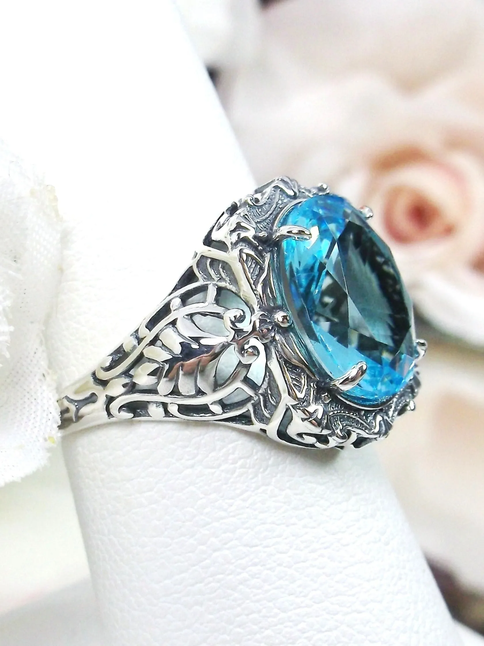 Aquamarine Ring, Size 7, Oval Art Nouveau Style, Vintage Sterling Silver Filigree Ring, Beauty Ring, D229- Ready to Ship