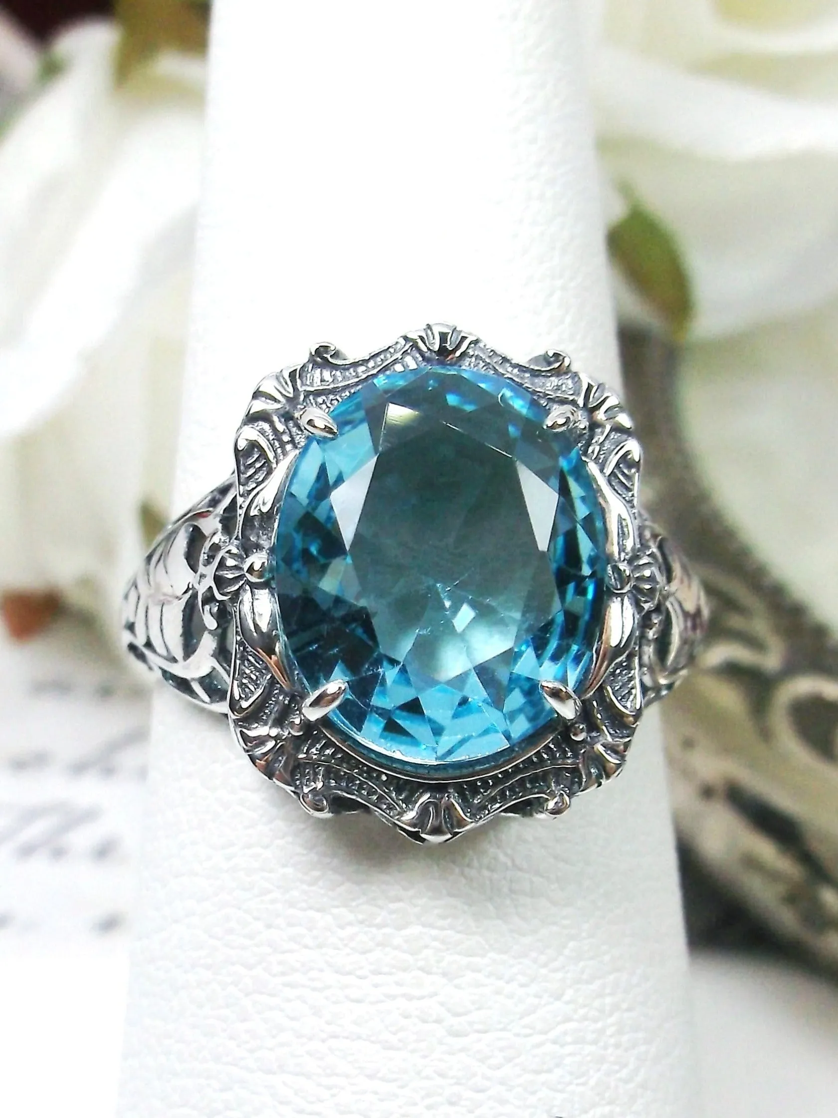 Aquamarine Ring, Size 7, Oval Art Nouveau Style, Vintage Sterling Silver Filigree Ring, Beauty Ring, D229- Ready to Ship