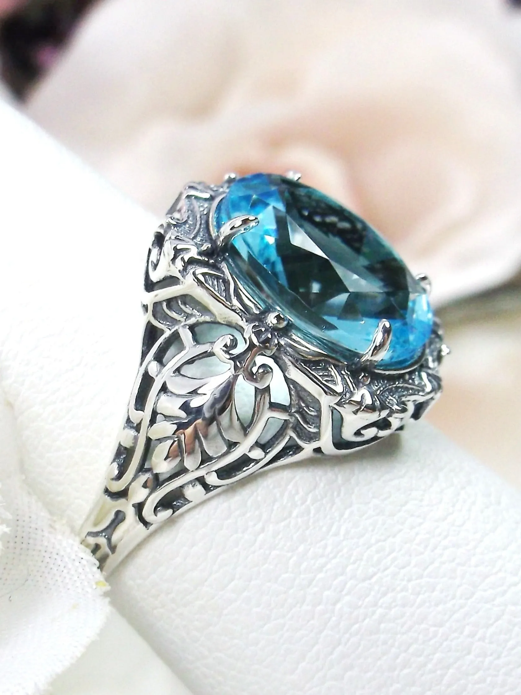 Aquamarine Ring, Size 7, Oval Art Nouveau Style, Vintage Sterling Silver Filigree Ring, Beauty Ring, D229- Ready to Ship