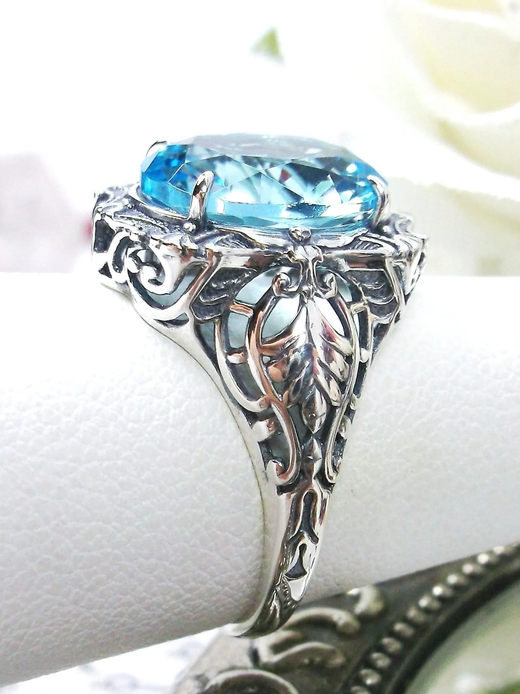Aquamarine Ring, Size 7, Oval Art Nouveau Style, Vintage Sterling Silver Filigree Ring, Beauty Ring, D229- Ready to Ship